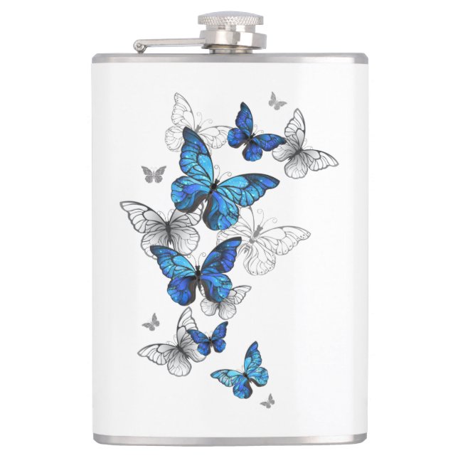 Blaue fliegende Schmetterlinge Morpho Flachmann (Vorderseite)