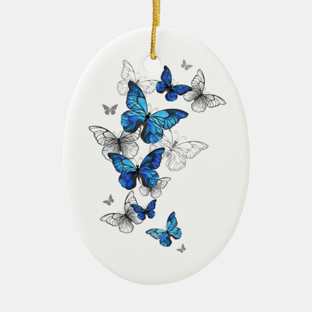 Blaue fliegende Schmetterlinge Morpho Keramik Ornament (Vorne)