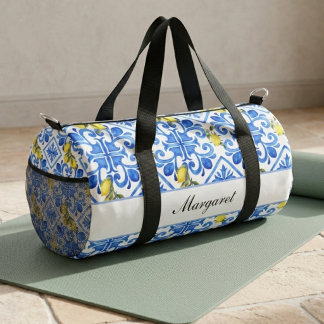 Blaue Fliese Gelbe Zitrone Aquarell-Monogramm-Name Duffle Bag