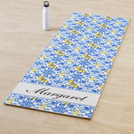 Blaue Fliese Gelbe Zitrone Aquarell-Monogramm-Name Yogamatte