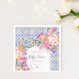 Blaue Fliesen Aquarell Wildblumen Babydusche Serviette