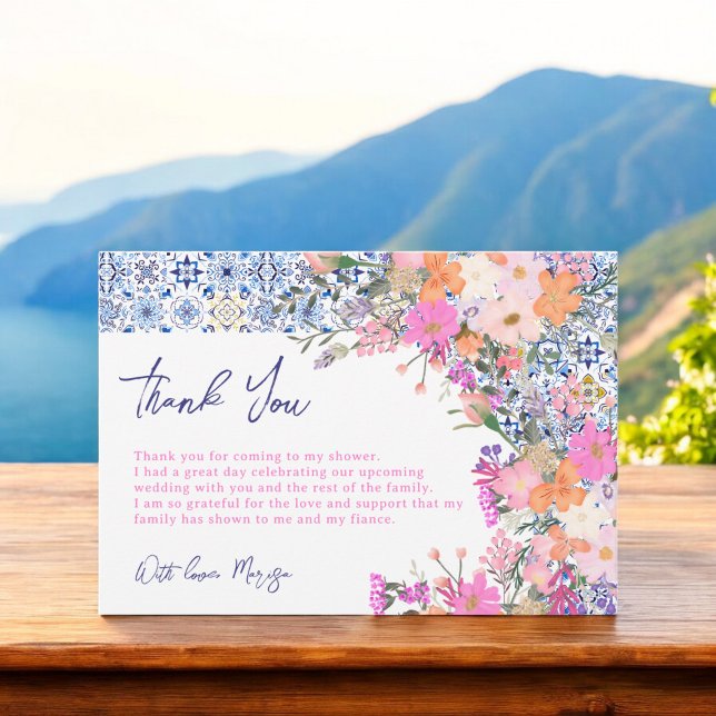 Blaue Fliesen Aquarellfarben Brautparty Dankeskarte (Italian blue tiles watercolor floral bridal shower thank you card)