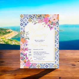 Blaue Fliesen Aquarellfarben Brautparty Folieneinladung