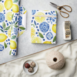 Blaue Fliesen aus Mittelmeerlemonen Geschenkpapier
