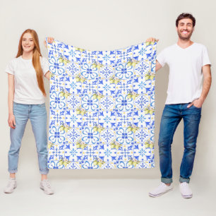 Blaue Fliesen Französisches Landhaus-Zitronenmuste Fleecedecke