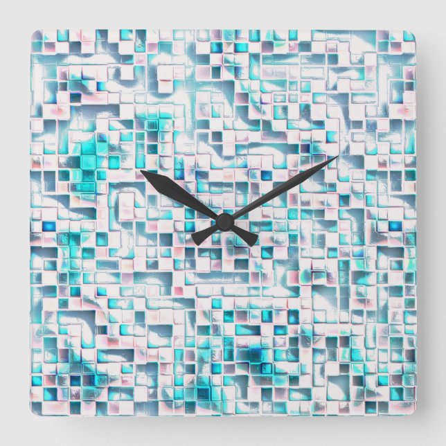 Blaue Fliesen in Rohform, Mosaikquadrat Quadratische Wanduhr (Vorderseite)