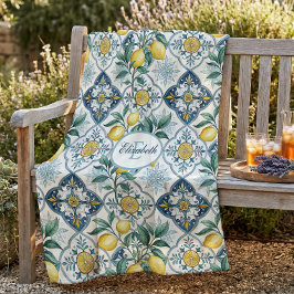 Blaue Fliesen Land Zitrone Muster Monogramm Name Fleecedecke