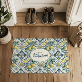 Blaue Fliesen Land Zitronen Muster Monogramm Name Fußmatte