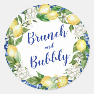Blaue Fliesen-Limonen-Hochzeitsbrunch-Sprudelnd Runder Aufkleber