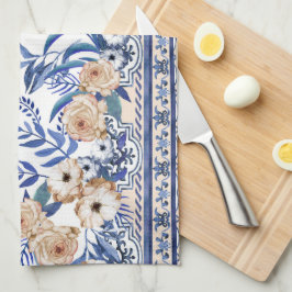 Blaue Fliesen Mediterrane Blumenmuster  Geschirrtuch