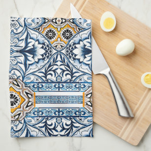 Blaue Fliesen Mediterrane Blumenmuster Geschirrtuch