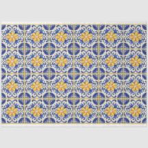 Blaue Fliesen mit gelben Blumen und Pflanzen