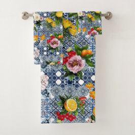 Blaue Fliesen Mittelmeer Blumenmuster  Badhandtuch Set