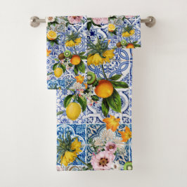 Blaue Fliesen Mittelmeer Blumenmuster  Badhandtuch Set