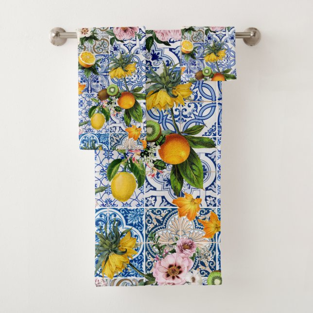Blaue Fliesen Mittelmeer Blumenmuster  Badhandtuch Set (Insitu)