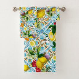Blaue Fliesen Mittelmeer Blumenmuster  Badhandtuch Set