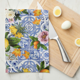 Blaue Fliesen Mittelmeer Blumenmuster  Geschirrtuch