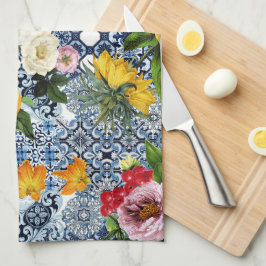 Blaue Fliesen Mittelmeer Blumenmuster  Geschirrtuch