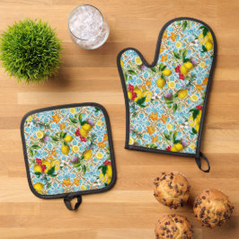 Blaue Fliesen Mittelmeer Blumenmuster  Ofenhandschuh & Topflappen-Set