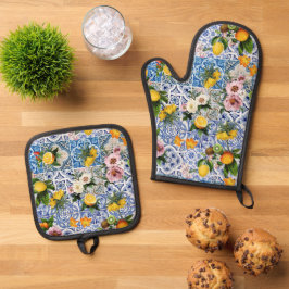 Blaue Fliesen Mittelmeer Blumenmuster  Ofenhandschuh & Topflappen-Set