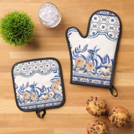 Blaue Fliesen Mittelmeer Blumenmuster  Ofenhandschuh & Topflappen-Set