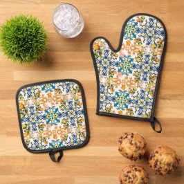 Blaue Fliesen Mittelmeer Blumenmuster  Ofenhandschuh & Topflappen-Set