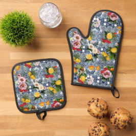 Blaue Fliesen Mittelmeer Blumenmuster  Ofenhandschuh & Topflappen-Set