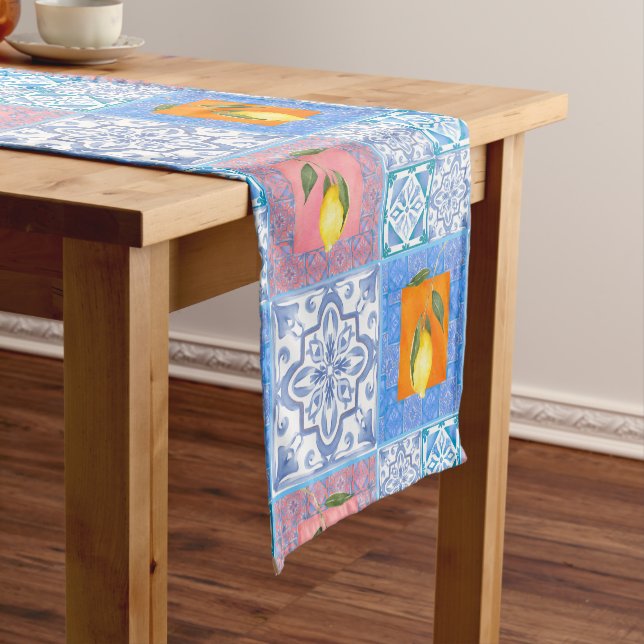Blaue Fliesen, Mosaik, Majolika, Zitrone, Kurzer Tischläufer (Beispiel)
