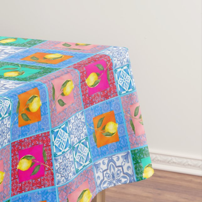 Blaue Fliesen, Mosaik, Majolika, Zitrone, Tischdecke (Beispiel)