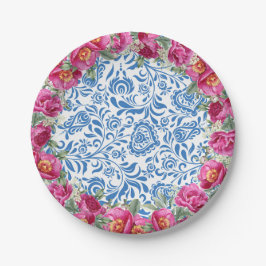 Blaue Fliesen Rosa Blume Mediterranes Party Pappteller