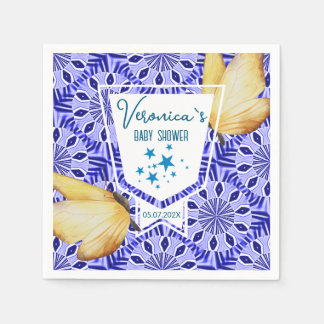 Blaue Fliesen Schmetterling Baby Shower Serviette