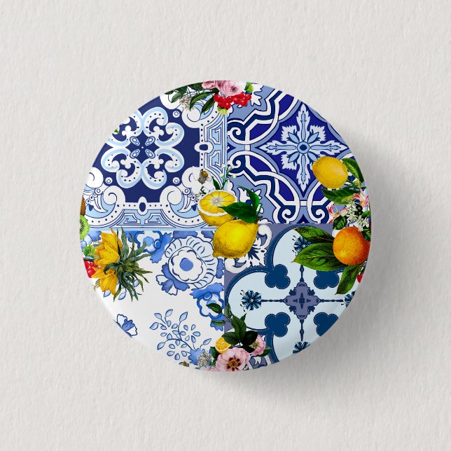 Blaue Fliesen, sizilianisch, majolica, Mosaikkunst Button (Vorderseite)