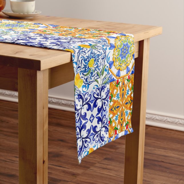 Blaue Fliesen, sizilianisch, majolica, Mosaikkunst Mittelgroßer Tischläufer (Beispiel)