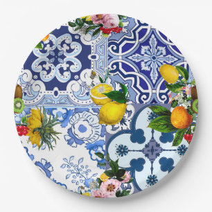 Blaue Fliesen, sizilianisch, majolica, Mosaikkunst Pappteller