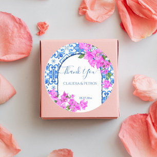 Blaue Fliesen und Bougainvillea elegante Danke Runder Aufkleber