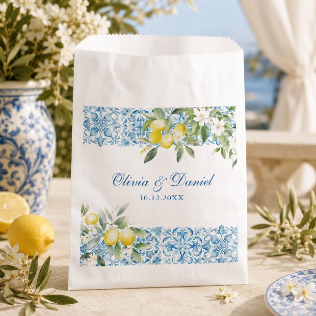 Blaue Fliesen und Lemon Wedding Geschenktütchen (Mediterranean Lemon Wedding Favor Bag)