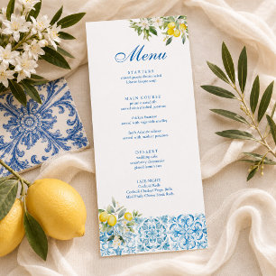 Blaue Fliesen und Lemon Wedding Menükarte