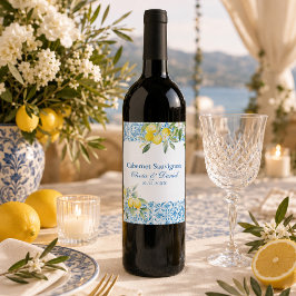 Blaue Fliesen und Lemon Wedding Weinetikett