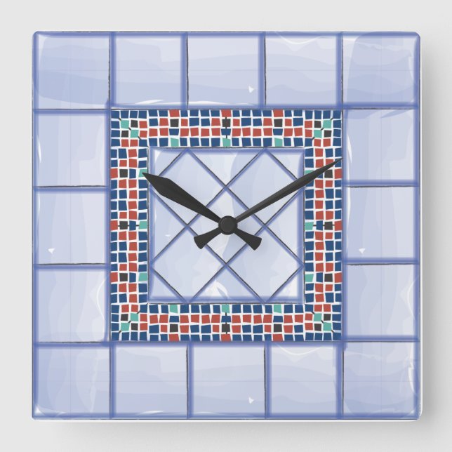 Blaue Fliesen und Mosaikuhr Quadratische Wanduhr (Vorderseite)