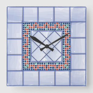 Blaue Fliesen und Mosaikuhr Quadratische Wanduhr
