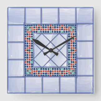 Blaue Fliesen und Mosaikuhr Quadratische Wanduhr