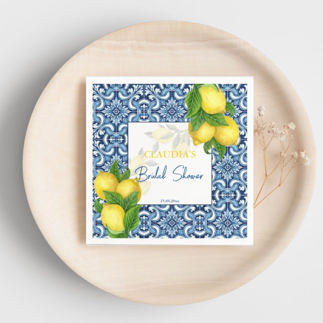 Blaue Fliesen und Zitrone Amalfi Brautparty Serviette (Blue tiles and lemon Amalfi bridal shower custom Napkins personalized bridal shower tableware)