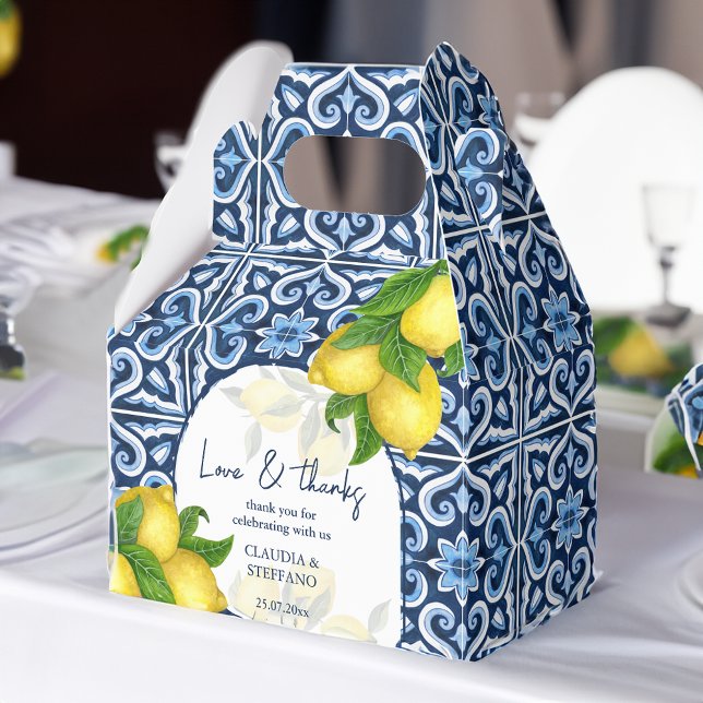 Blaue Fliesen und Zitrone Amalfi Italienische Hoch Geschenkschachtel (Blue tiles and lemon Amalfi Italian wedding thank you Favor Box)