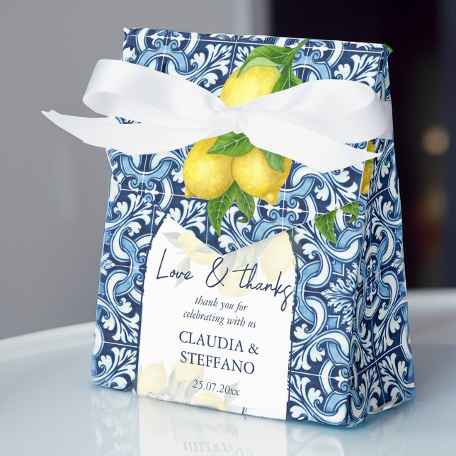 Blaue Fliesen und Zitrone Amalfi Italienische Hoch Geschenkschachtel (Blue tiles and lemon Amalfi Italian wedding thank Favor Box)