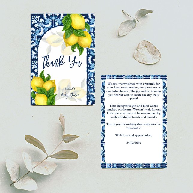 Blaue Fliesen und Zitrone Amalfi Positano Babydusc Dankeskarte (Blue tiles and lemon Amalfi Positano baby shower Thank You Card Mediterranean themed thank you cards)