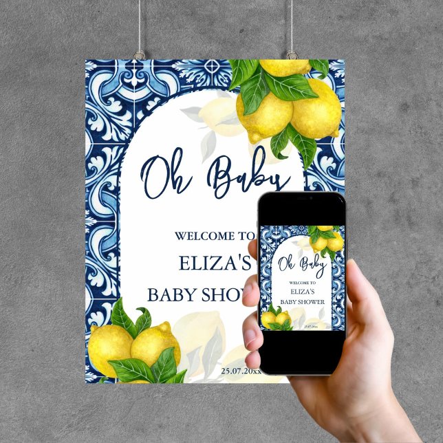 Blaue Fliesen Zitrone Amalfi Baby Dusche Empfang Poster (Blue tiles lemon Amalfi baby shower welcome sign template digital download personalized decor)