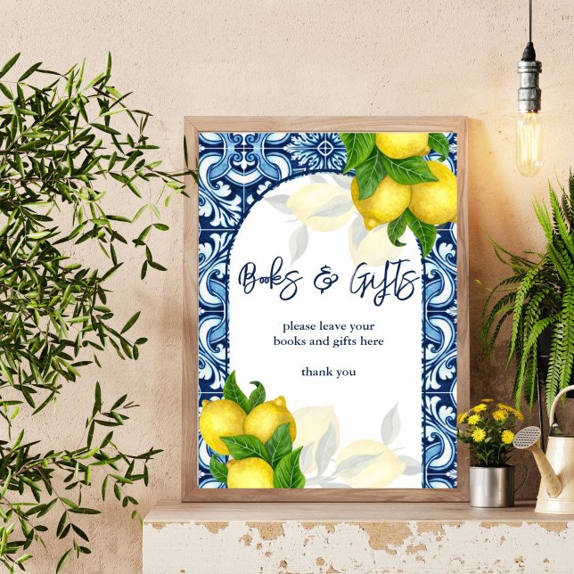 Blaue Fliesen Zitrone Amalfi Baby Duschgeschenke Z Poster (Blue tiles lemon Amalfi Mediterranean baby shower books and gifts table sign personalized decor)