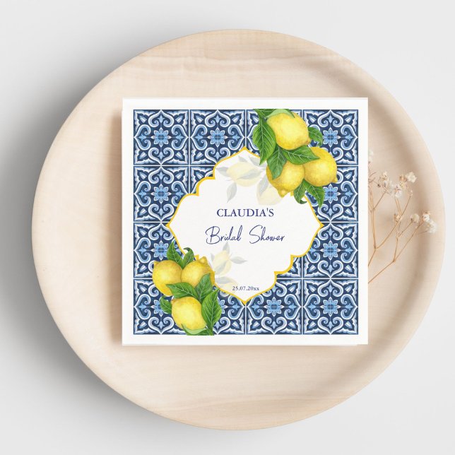 Blaue Fliesen Zitrone Amalfi Brautparty Party Brau Serviette (Blue tiles lemon Amalfi bridal shower party custom Napkins personalized tableware)