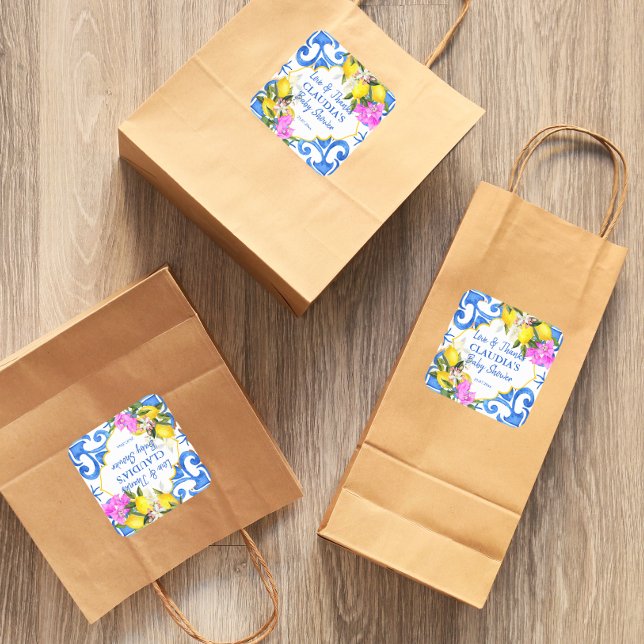 Blaue Fliesen Zitrone Bougainvillea Amalfi Babydus Quadratischer Aufkleber (Von Creator hochgeladen)