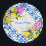 Blaue Fliesen Zitrone Bougainvillea Brauerei Pappteller<br><div class="desc">Blaue Fliesen Bougainvillea und Zitrone Amalfi Positano mediterrane Stil maßgeschneiderte Hochzeit Brautparty personalisierte Namen Papier Teller,  personalisiert Empfang Party Dekoration.</div>